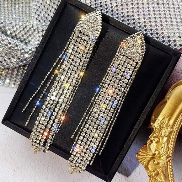 Gold Rhinestone Crystal Drop Chandelier Earrings - Picture 5 of 6